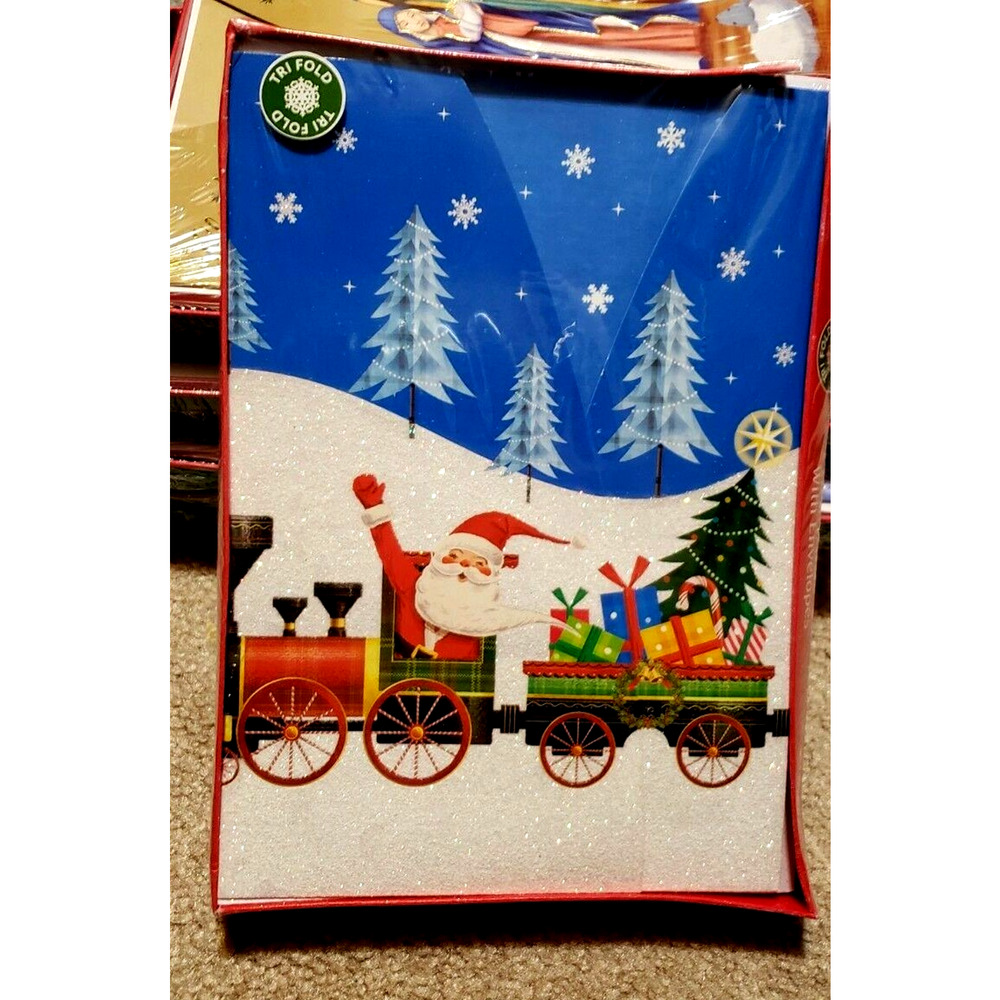 NEW Panoramic Santa in Train 12 CHRISTMAS CARDS w/Envelopes Trifold Cards Expand